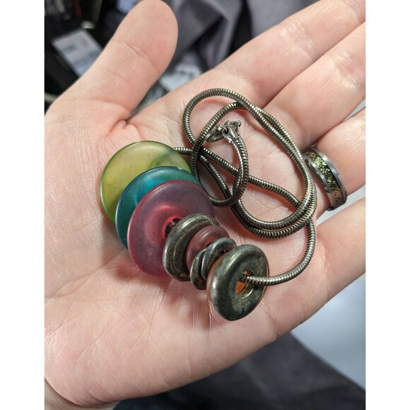 Rainbow And Silver Tone Slide Disc Charm Necklace - Picture 3 of 6